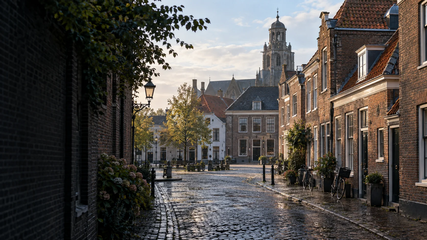 Historische straat met bakstenen panden en kerktoren in een Nederlandse vestingstad